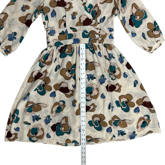 Vtg SARA BERMAN Silk Floral Chiffon Wrap Dress sz S Brown Blue Abalone Buttons - Picture 6 of 13